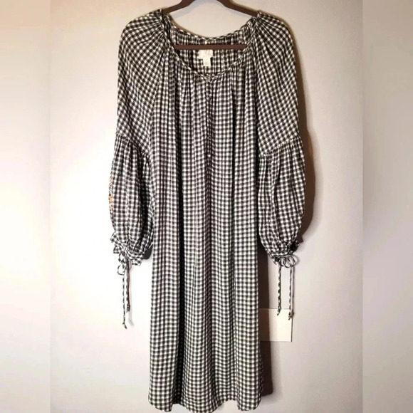CASLON Nordstrom Wmn's black white gingham embroidered bubble sleeves dress, 1X - Picture 2 of 11